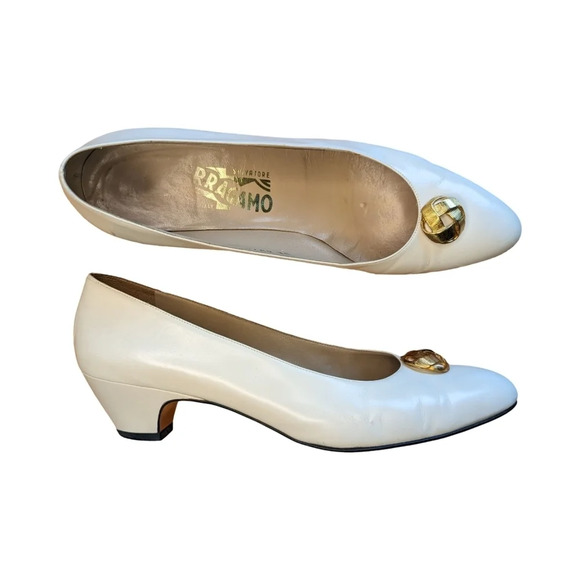 Salvatore Ferragamo Shoes - Salvatore Ferragamo Vintage Cream  Pumps Gold Fastener Detail Size 8*